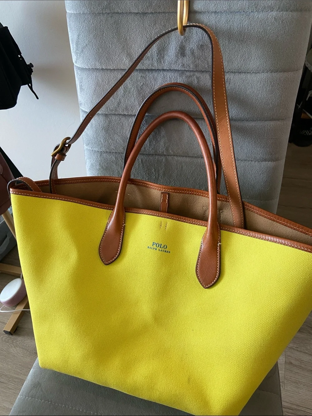 Polo by Ralph Lauren Yellow Canvas Tote with Brown Leather Handles
